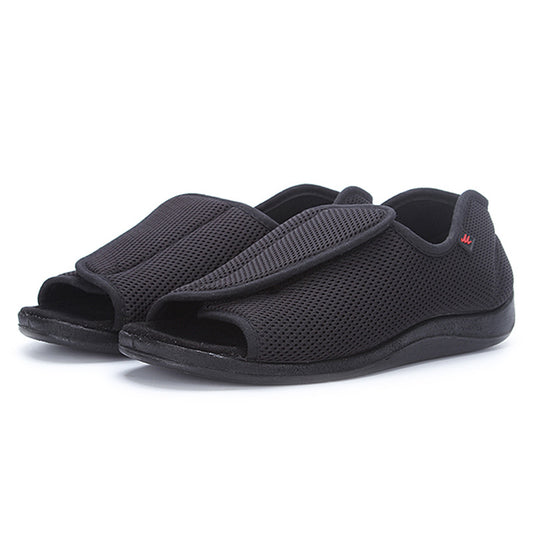 "Caleb’s Comfort": adjustable open-toe mesh slippers for swollen feet & high insteps