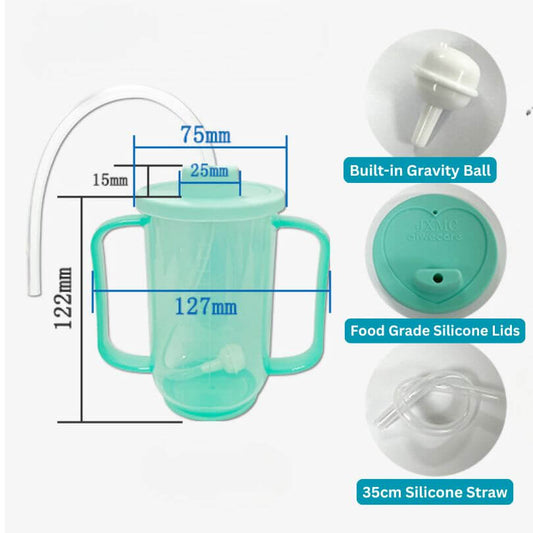 A hand holding a green nursing cup with measurement markings, clear scale, and a note saying 'Food grade material'. The cup is designed to be easy to grip.