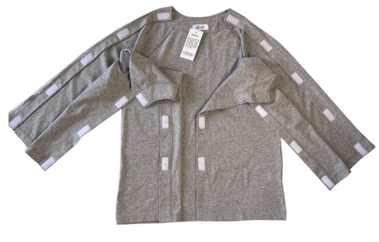 Adaptive long sleeve Velcro top laid flat and fully open showing multiple Velcro fastening points along both side seams and arms, complete opening for easy dressing with casts or limited mobility NZ