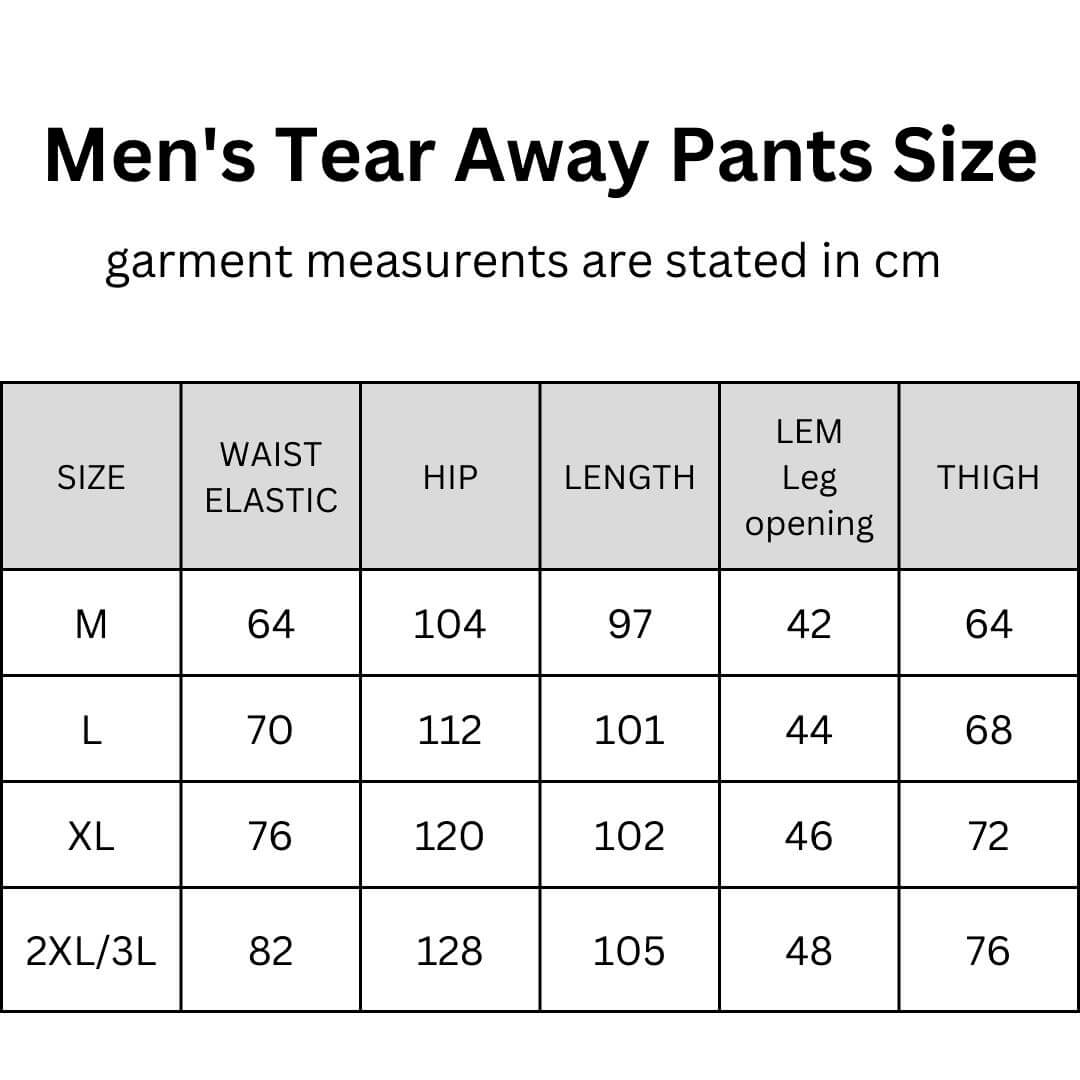 Size chart for men's adaptive full open side pants, showing waist, hip, length, leg opening and thigh measurements in cm for sizes M to 2XL/3L