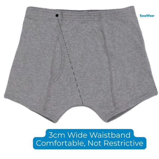 Men's washable incontinence boxer briefs laid flat showing the 3cm wide elastic waistband and front-opening design NZ