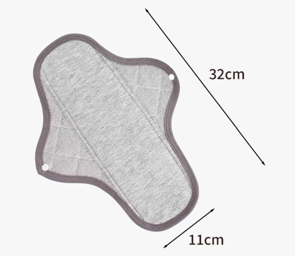 Washable incontinence pad size reference showing Large 32cm x 11cm dimensions NZ