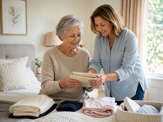Adult daughter helping her mother choose products together at home