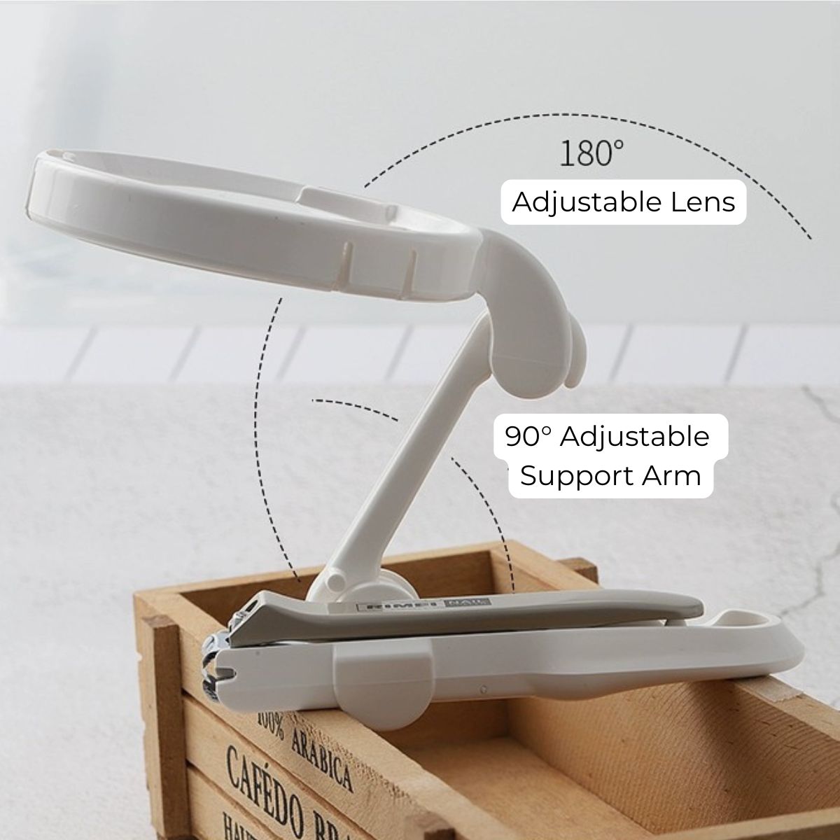 Large 8 cm nail clipper magnifier with 180° adjustable lens and 90° adjustable support arm