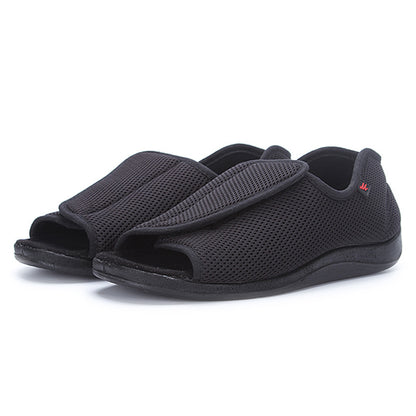 "Caleb’s Comfort": adjustable open-toe mesh slippers for swollen feet & high insteps