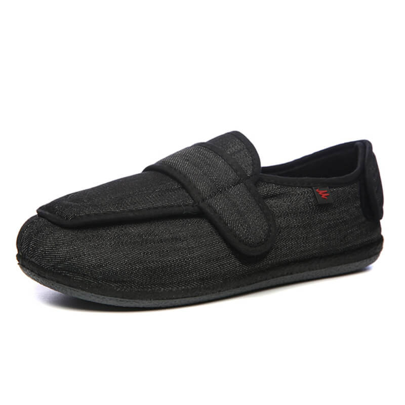 "Dylan's Day-offs" unisex denim slip-ons with a sturdy flap, touch-fastening straps at the front and back