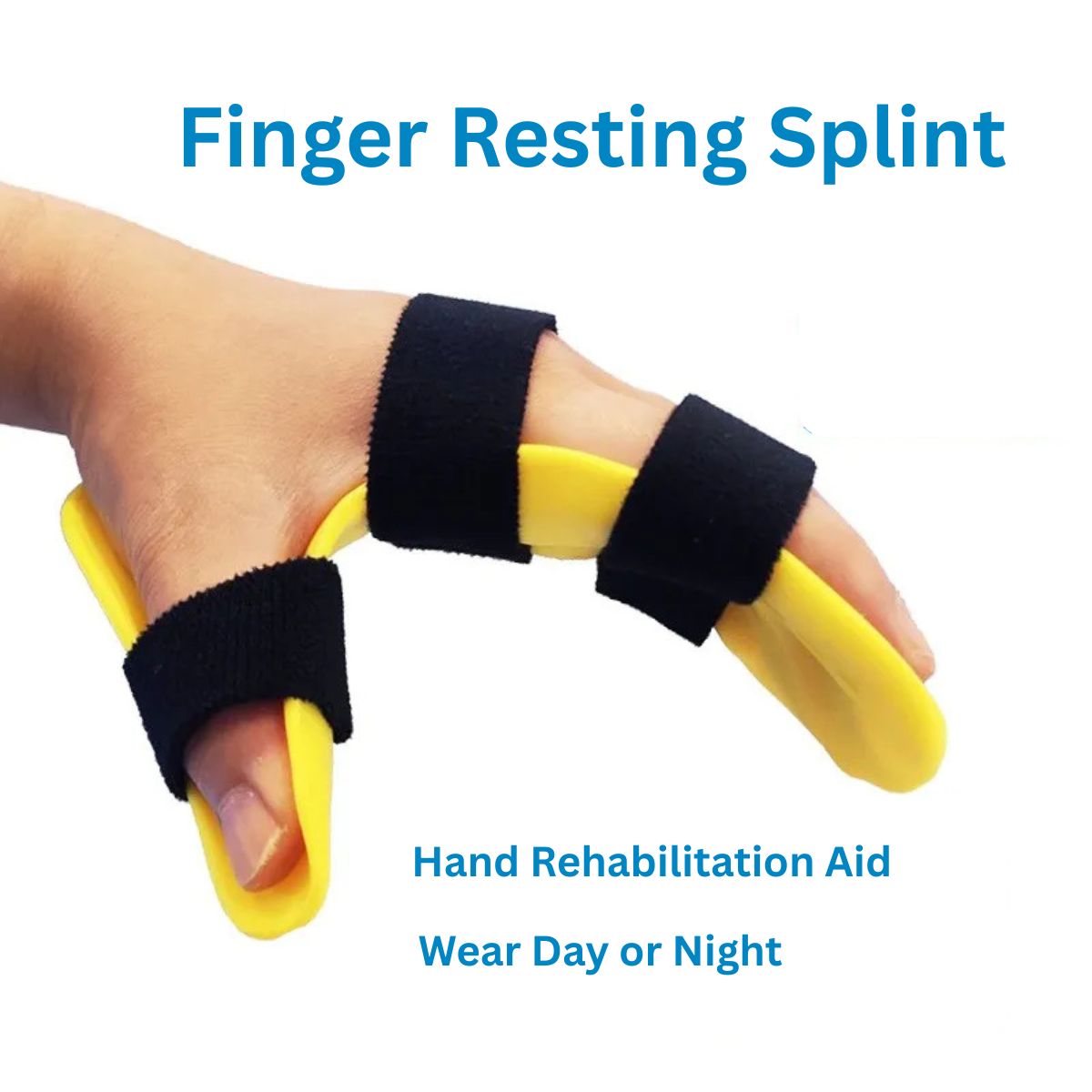 Finger resting splint worn on hand showing correct finger separation 
and Velcro strap placement, suitable for day and overnight wear 
during hand rehabilitation
