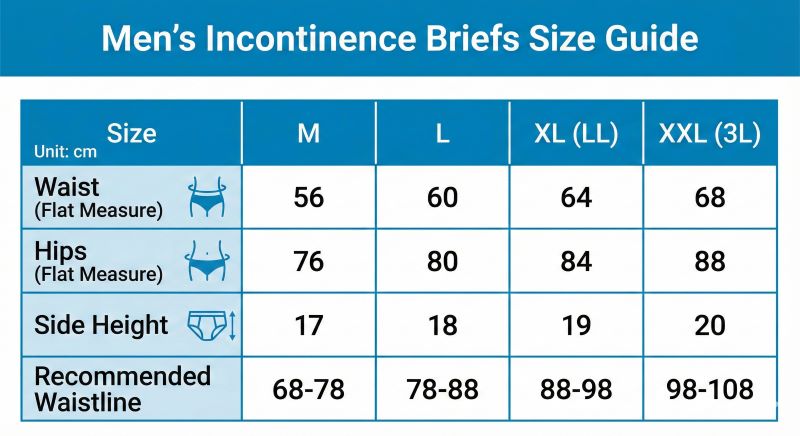 A detailed size guide table for men's incontinence briefs in centimeters. It lists four sizes: M, L, XL (LL), and XXL (3L). Measurements include flat-lay waist (56cm to 68cm), flat-lay hips (76cm to 88cm), and side height (17cm to 20cm). The recommended body waistline for a proper fit ranges from 68-78cm for Size M up to 98-108cm for Size XXL.