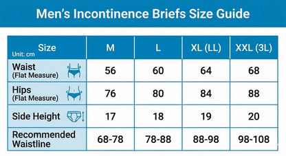 A detailed size guide table for men's incontinence briefs in centimeters. It lists four sizes: M, L, XL (LL), and XXL (3L). Measurements include flat-lay waist (56cm to 68cm), flat-lay hips (76cm to 88cm), and side height (17cm to 20cm). The recommended body waistline for a proper fit ranges from 68-78cm for Size M up to 98-108cm for Size XXL.