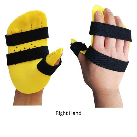 Finger resting splint shown on right hand: front view showing 
full palm coverage and Velcro straps, and back view showing correct finger positioning and fit.