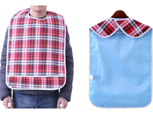 Regular 45 x 75 cm adult feeding bib shown worn from the front and from the back, with waterproof backing and food-catching pocket.