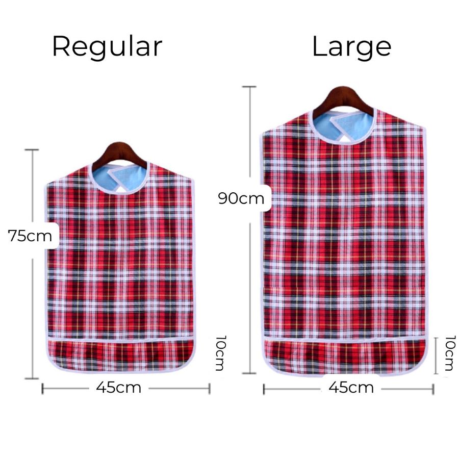 Adult feeding bib size guide showing Regular 45 x 75 cm and Large 45 x 90 cm, both with a 10 cm food-catching pocket