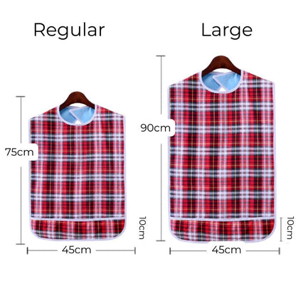 Adult feeding bib size guide showing Regular 45 x 75 cm and Large 45 x 90 cm, both with a 10 cm food-catching pocket