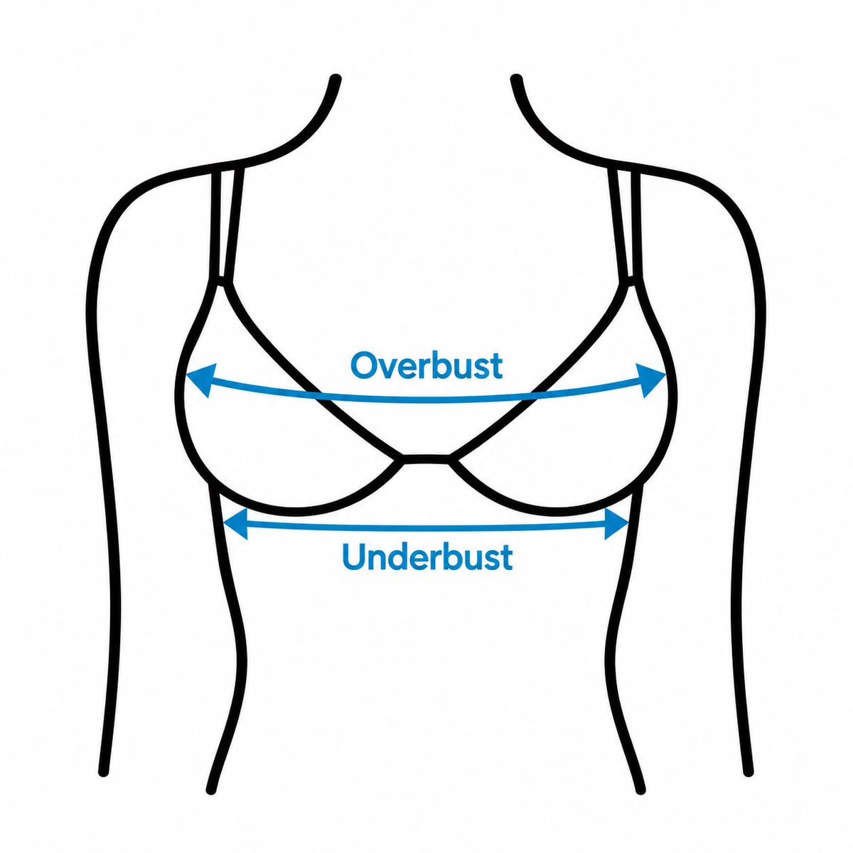 Simple bra measurement illustration showing overbust and underbust measurement lines in blue with a black body outline.