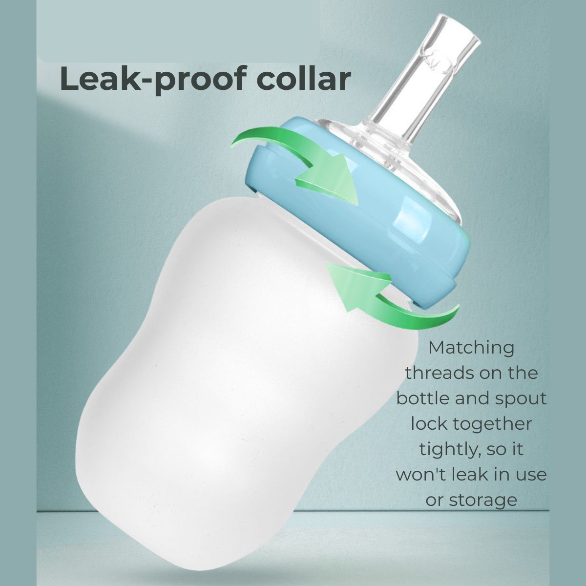 Screw-thread collar design on 3-in-1 adaptive feeding cup, bottle and spout thread together tightly for a leak-proof seal NZ