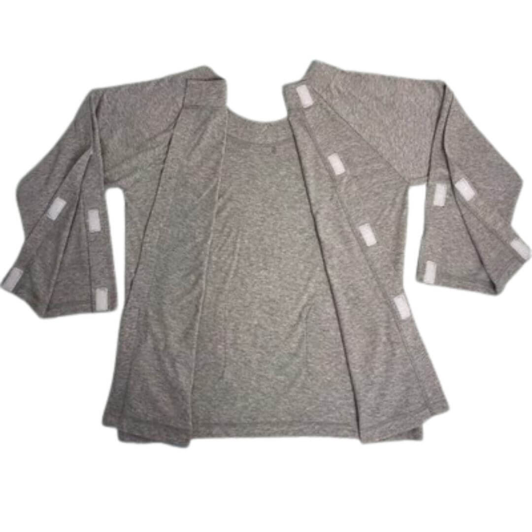 Adaptive long sleeve back opening top laid flat and fully open showing 
multiple Velcro fastening points at back and along both arms, complete opening for easy dressing with casts or limited mobility NZ