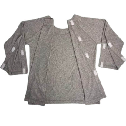Adaptive long sleeve back opening top laid flat and fully open showing 
multiple Velcro fastening points at back and along both arms, complete opening for easy dressing with casts or limited mobility NZ