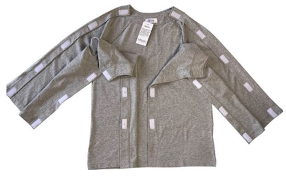 Adaptive long sleeve Velcro top laid flat and fully open showing multiple Velcro fastening points along both side seams and arms, complete opening for easy dressing with casts or limited mobility NZ