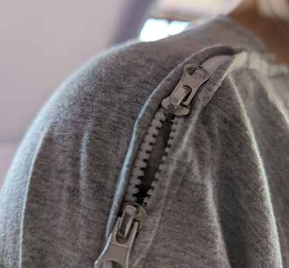Adaptive long sleeve side zip top showing full arm opening and zip detail on shoulder, one-handed dressing for limited mobility NZ