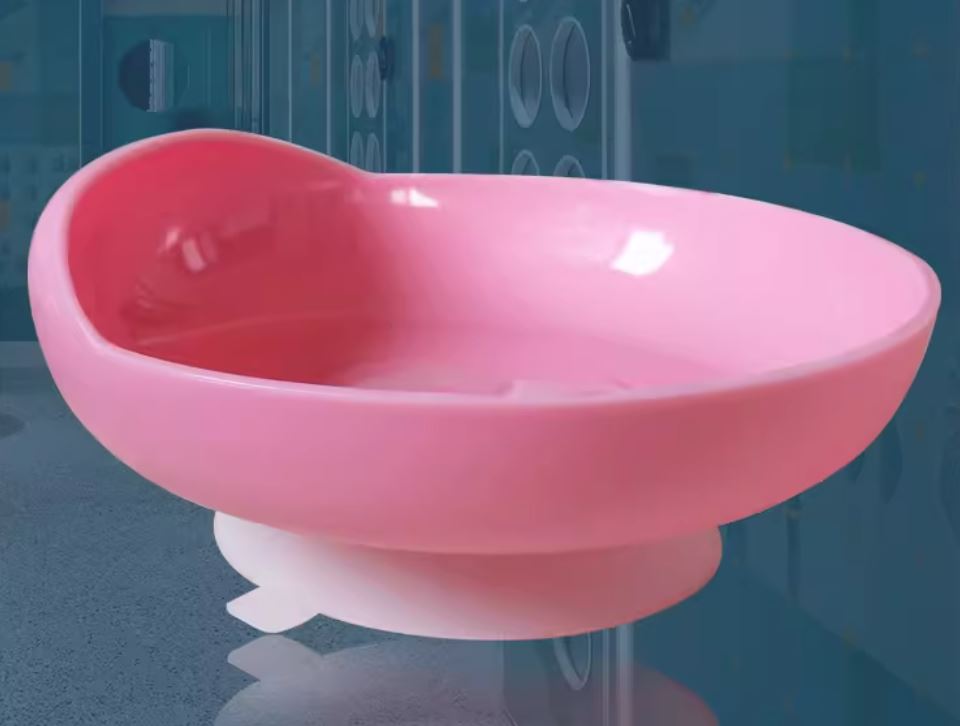 Adaptive scoop plate in pink with suction base, 18.5cm wide shallow design for independent eating, seniors and limited mobility NZ