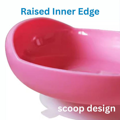 Close-up of raised inner edge on adaptive scoop plate, helps guide food onto spoon for one-handed 
eating and tremors NZ