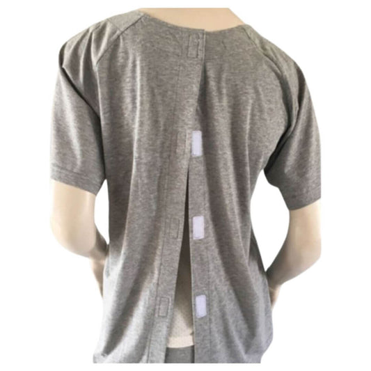 Unisex adaptive short sleeve top with back opening, easy carer-assisted dressing for wheelchair users and post-surgery NZ
