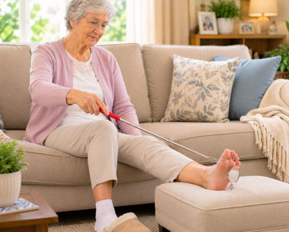 Senior woman using telescopic foot inspection mirror to check foot sole while resting foot on an ottoman NZ