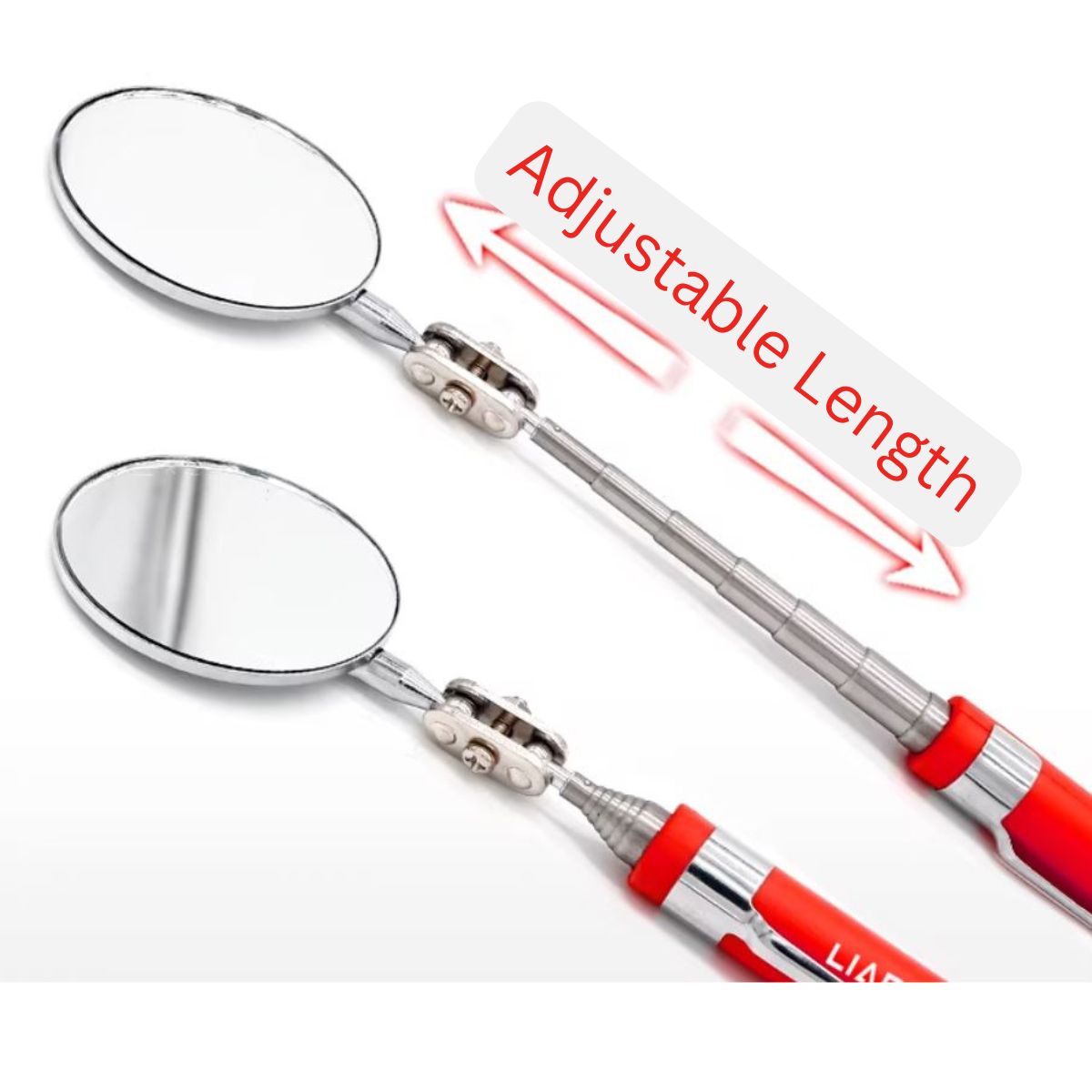 Two extendable telescopic foot inspection mirror with red handles on a white background, labeled 'Adjustable Length'.