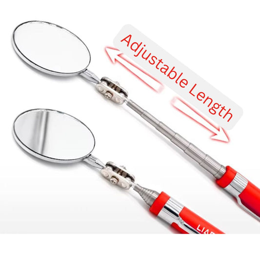 Two extendable telescopic foot inspection mirror with red handles on a white background, labeled 'Adjustable Length'.