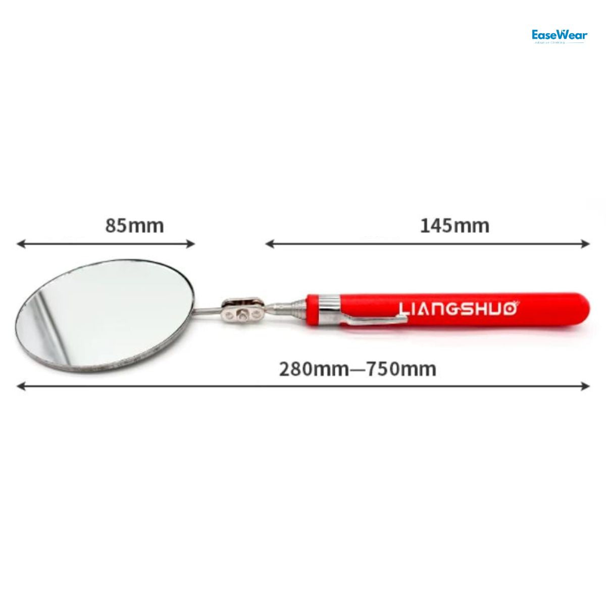 Telescopic foot inspection mirror red handle 85mm round mirror head, 145mm handle, and a total length of 280mm-750mm.