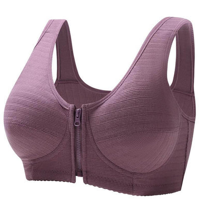 Close-up of a purple front opening bra with a zipper