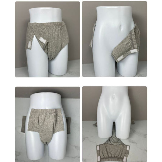 Washable incontinence underwear shown from front, side and back on a mannequin, demonstrating two-side opening fit NZ