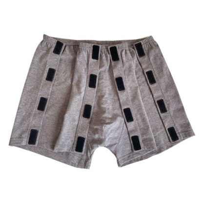 Men's adaptive boxer shorts with one side fully open showing Velcro fastening, demonstrates easy dressing access for limited mobility NZ