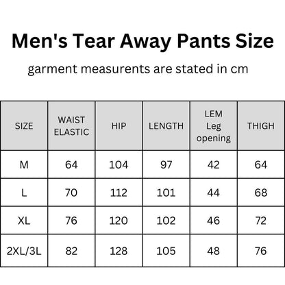 Size chart for men's adaptive full open side pants, showing waist, hip, length, leg opening and thigh measurements in cm for sizes M to 2XL/3L