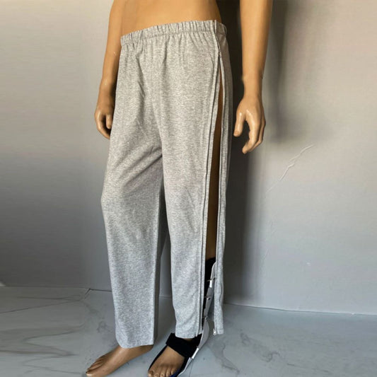 Grey adaptive pants for men with a comfortable elastic waistband, zip closure, shown on a standing mannequin
