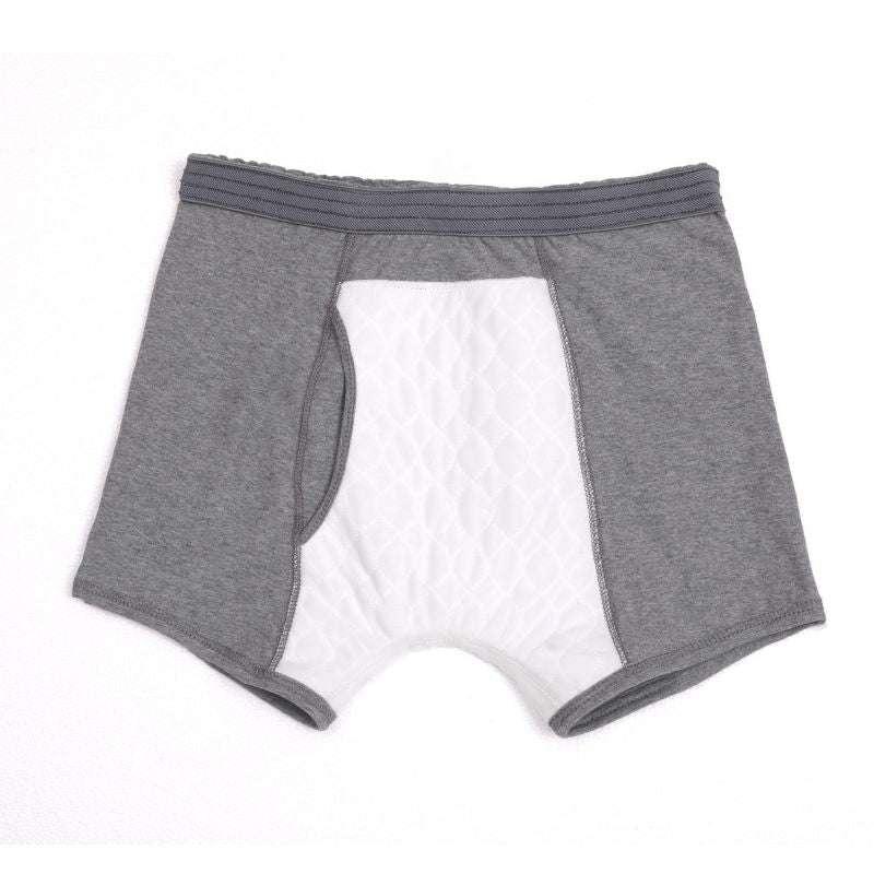 Back view of men's washable incontinence boxer briefs in grey, showing the quilted absorbent interior lining