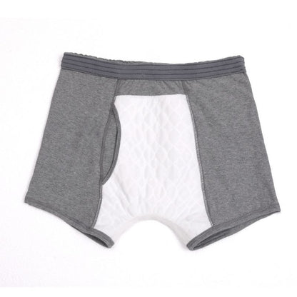 Back view of men's washable incontinence boxer briefs in grey, showing the quilted absorbent interior lining