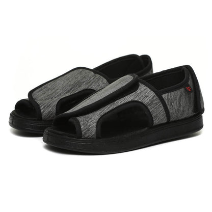 Milo's Moment unisex adaptive slippers showing open-toe design and breathable mesh side panel with wide Velcro strap, lightweight comfortable fit for swollen feet and warm weather NZ