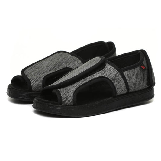 Milo's Moment unisex adaptive slippers showing open-toe design and breathable mesh side panel with wide Velcro strap, lightweight comfortable fit for swollen feet and warm weather NZ