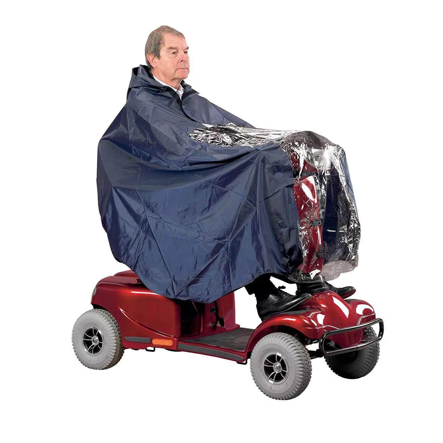 Man riding a mobility scooter wearing the waterproof Mobility Scooter Rain Poncho with hood up and clear control panel