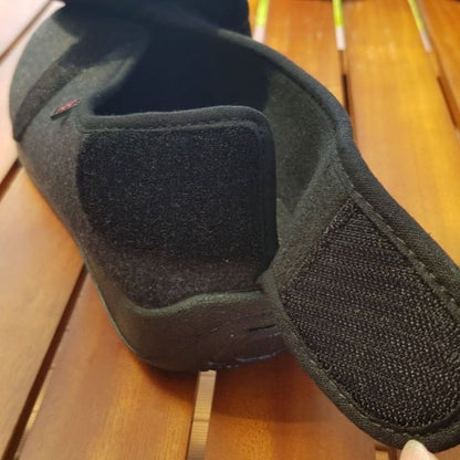 Owen's Oasis adaptive slipper close-up showing large Velcro fastening strap open at back, easy one-handed fastening for arthritis and limited dexterity NZ