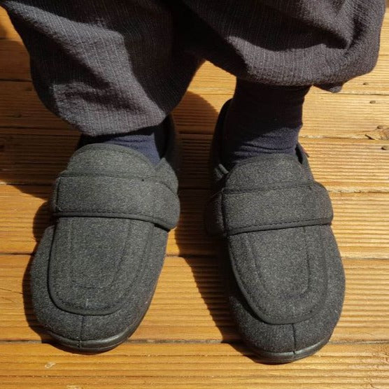 Owen's Oasis wool blend adaptive slippers worn on feet, warm wide and adjustable for swollen feet and cold weather comfort NZ