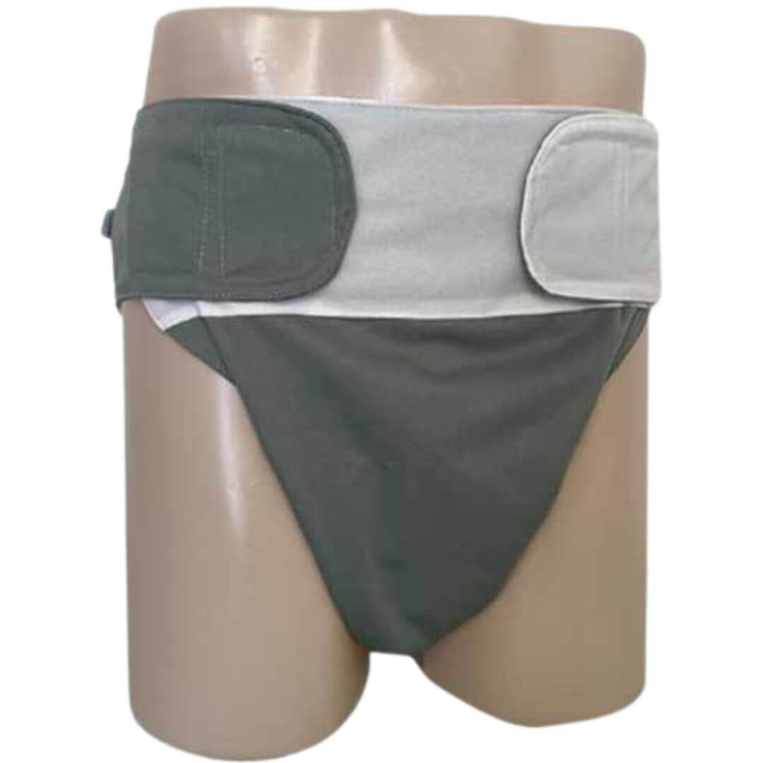 Reusable adaptive underwear worn on mannequin showing adjustable 
Velcro waist straps on both sides, demonstrates how the fit adjusts to different waist sizes from 59cm to 133cm NZ