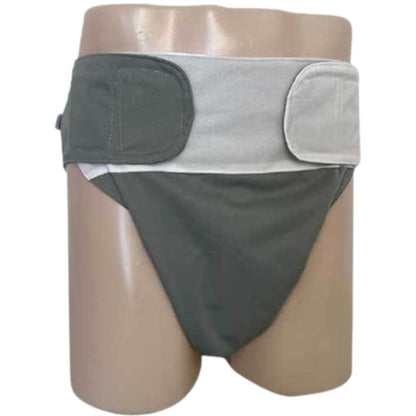 Reusable adaptive underwear worn on mannequin showing adjustable 
Velcro waist straps on both sides, demonstrates how the fit adjusts to different waist sizes from 59cm to 133cm NZ