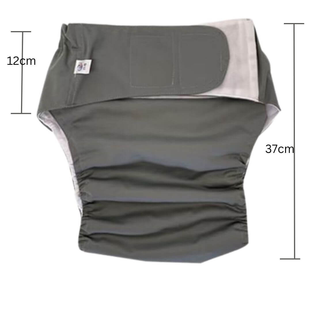 Reusable adaptive underwear flat lay showing garment dimensions, 12cm waist depth and 37cm total length for sizing reference NZ