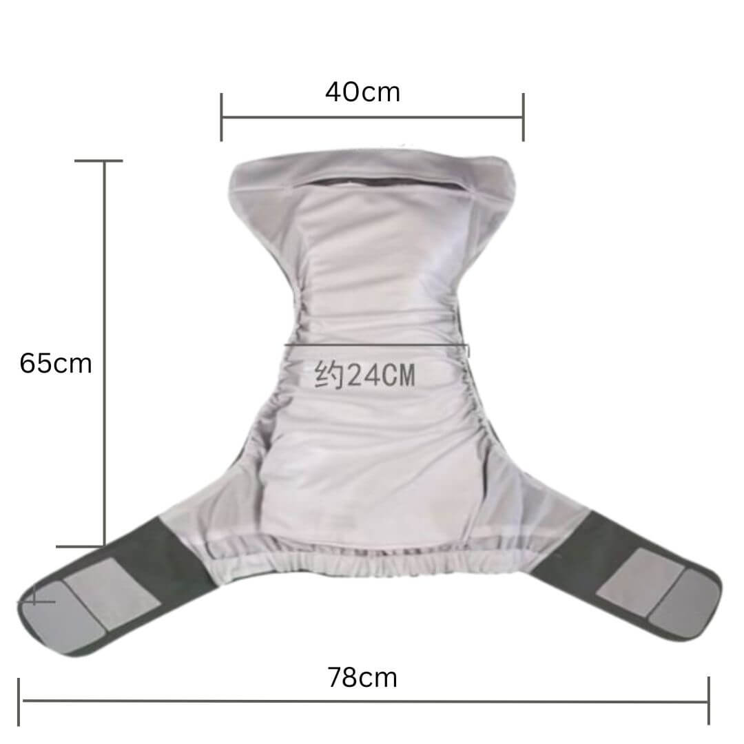Size chart for reusable adaptive underwear showing strap adjustment guide for different waist measurements NZ