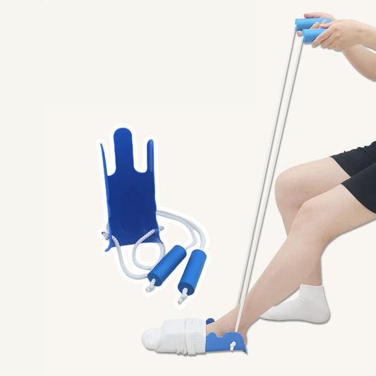 Sock aid with built-in shoe horn being used without bending, NZ