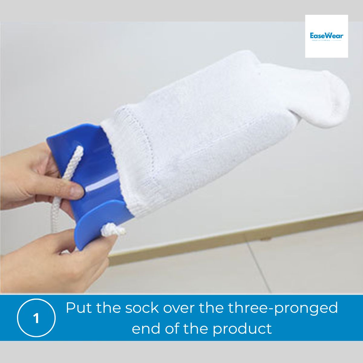 Step 1, placing sock over the sock aid fork, NZ