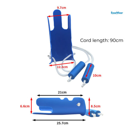 Blue sock-aid with dimension measurements, white cord