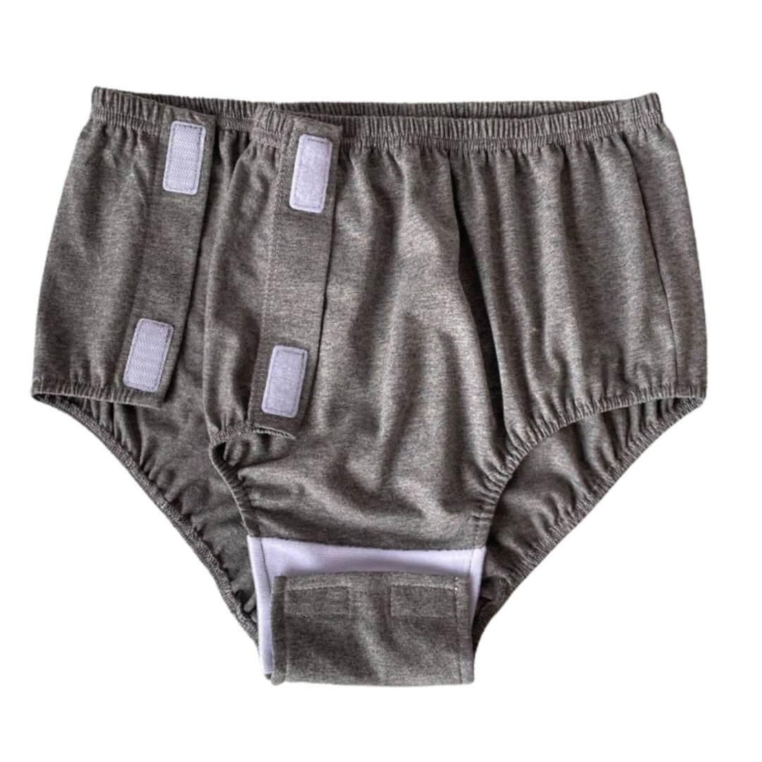 Unisex adaptive underwear showing front view, with side and crotch opening, comfortable regular appearance with discreet Velcro side and crotch openings for easy access NZ